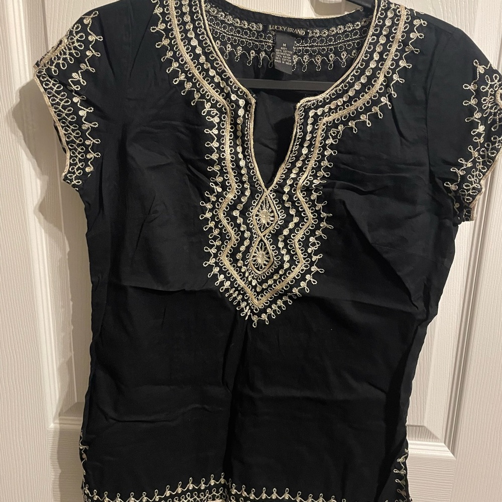Lucky Brand Black Short Sleeve Embroidered Tunic